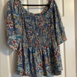 Blue Smocked Blouse with Ruffled 3/4 Sleeves